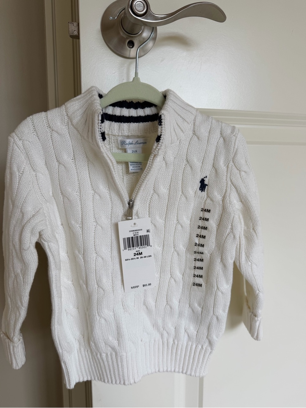 Ralph Lauren White Cable-Knit Half-Zip Turtleneck Sweater with Navy Pony